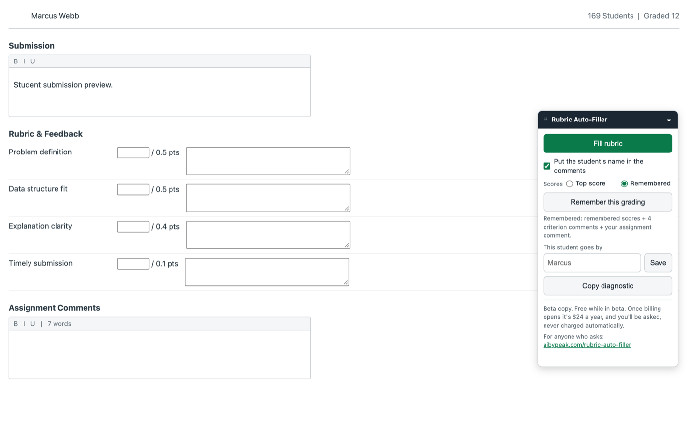 The same rubric on the next student before Fill. Every score box and every comment box is empty.