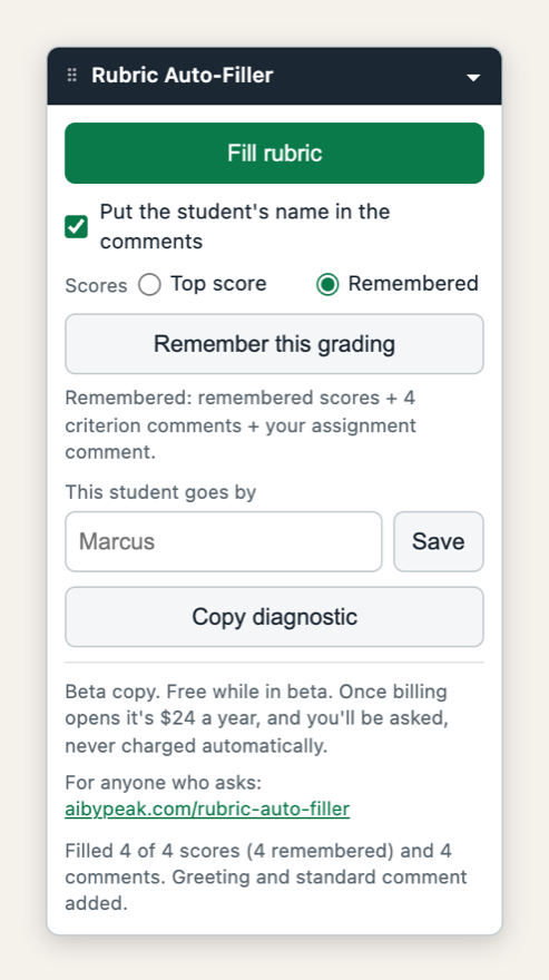The Rubric Auto-Filler panel: a Fill rubric button, a switch for putting the student's name in the comments, a Scores switch set to Remembered, Remember this grading, a box for what the student goes by, and Copy diagnostic.